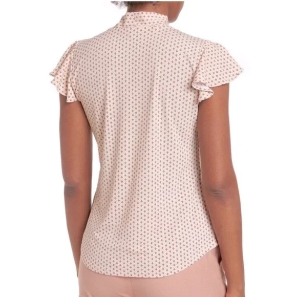 Adrianna Papell Tie Neck Flutter Sleeve Size Small-Creme w/Blk and red print - Picture 3 of 9